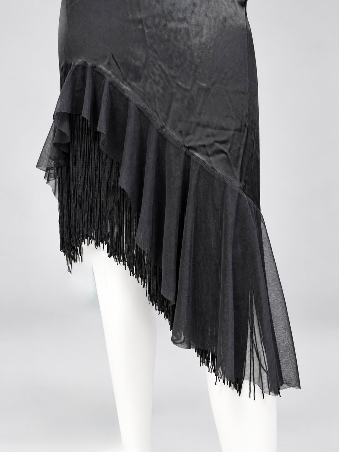 Zinas black satin asymmetric fringe dress