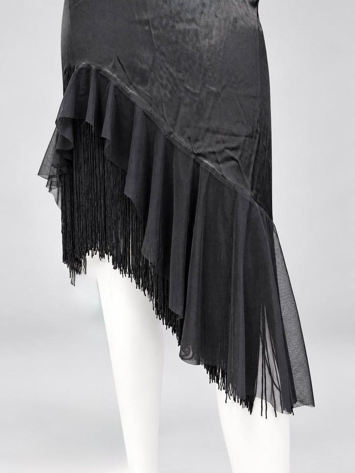 Zinas black satin asymmetric fringe dress