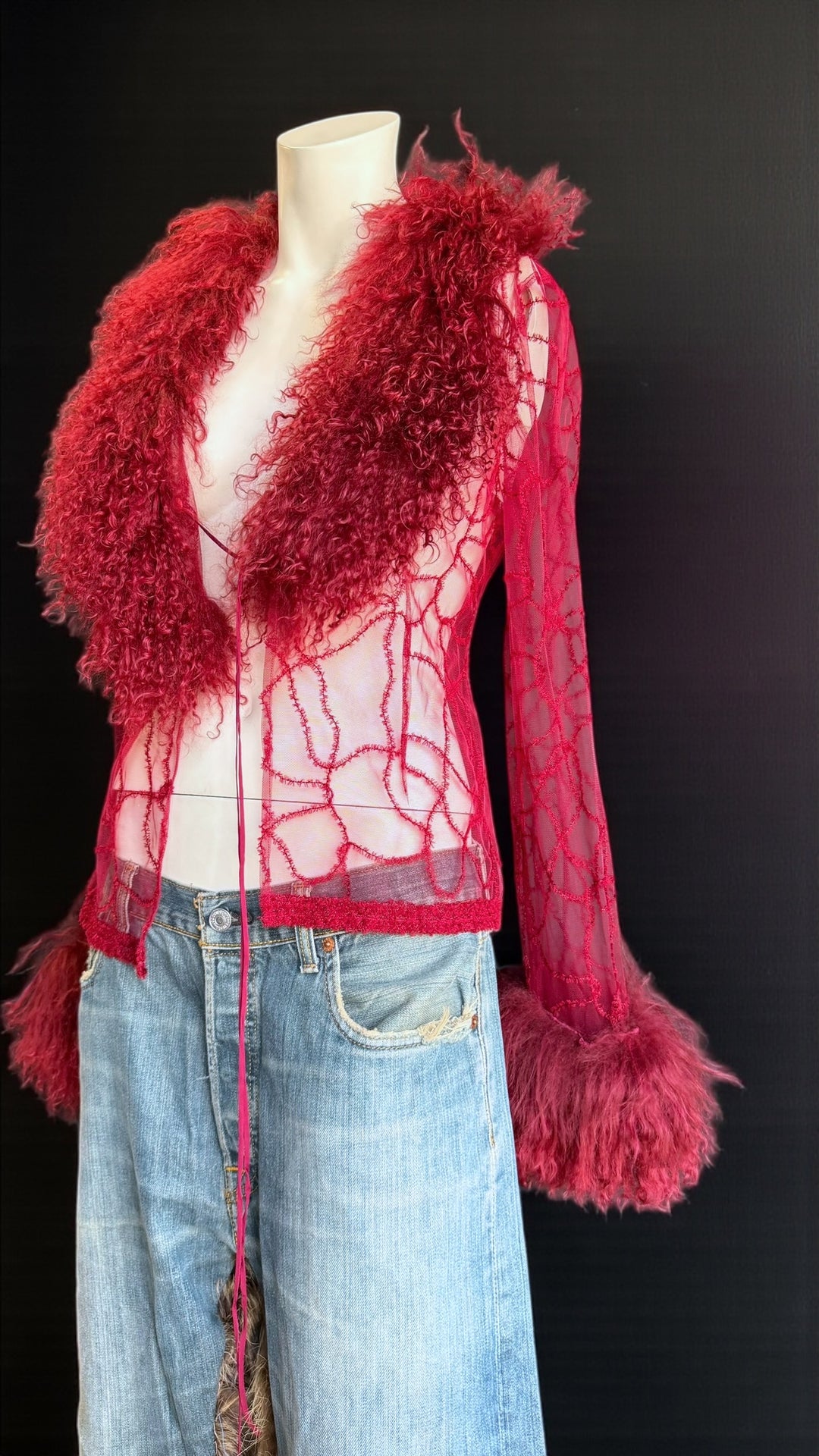 2000s sheer wool blend jacket with curly-fur collar & cuffs small