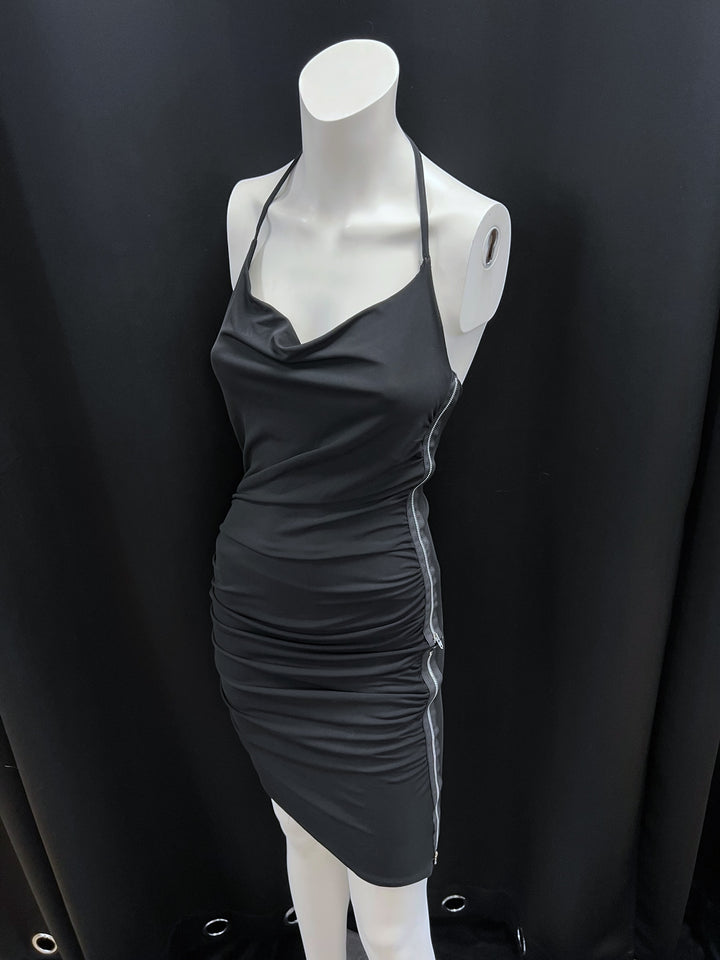 Black Halter Mini Dress with Side Zippers Medium