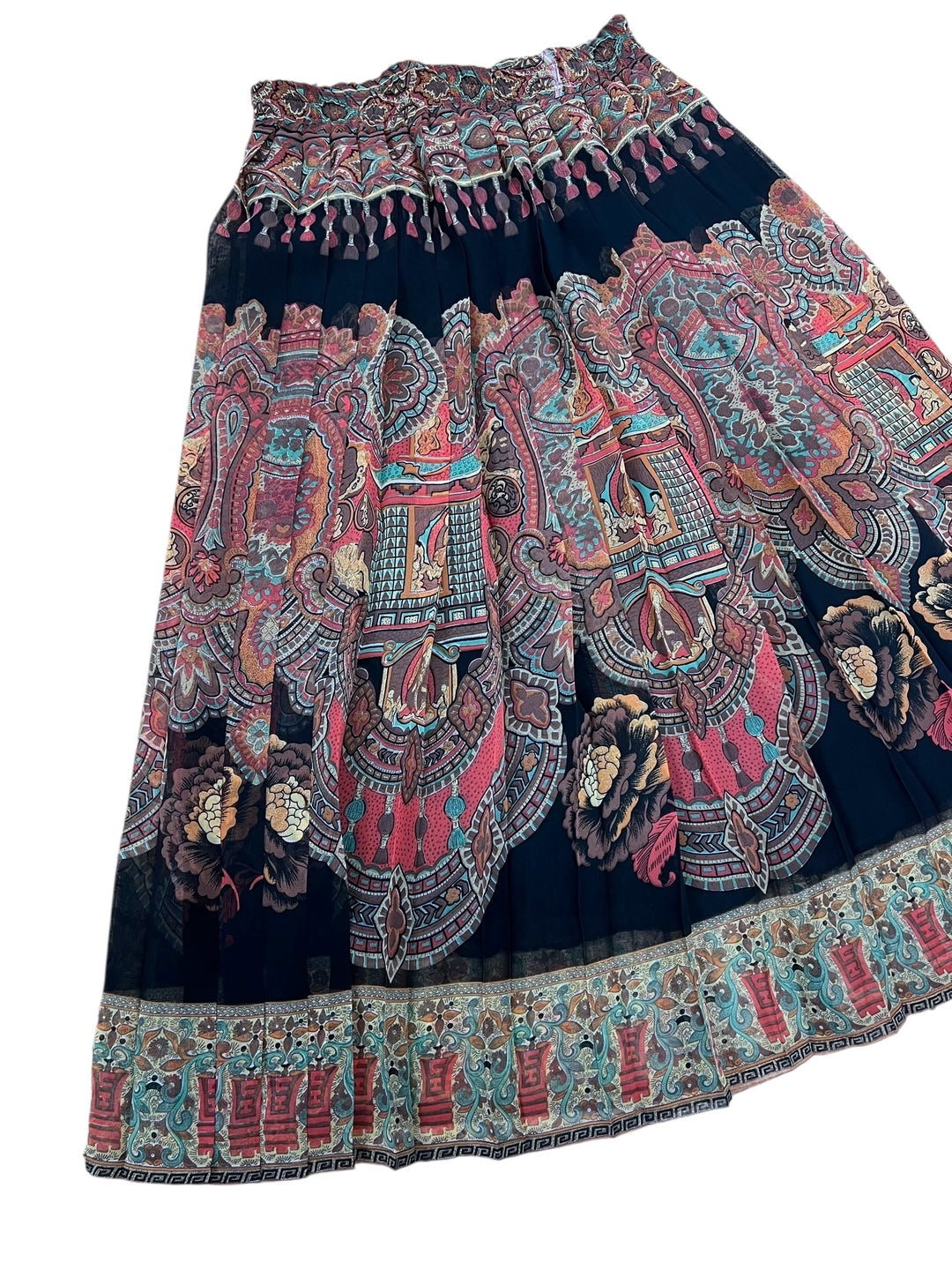 Vintage Ethnic Print Pleated Midi Skirt Medium