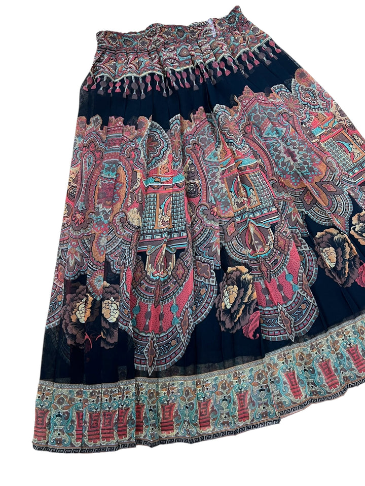 Vintage Ethnic Print Pleated Midi Skirt Medium