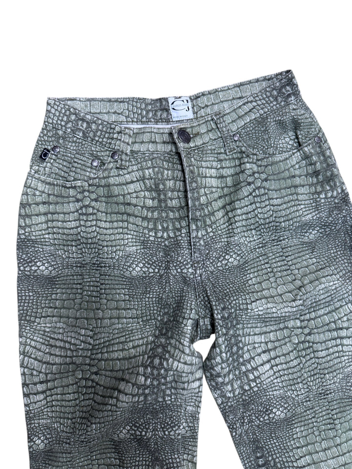 2000s Cavalli Jeans green crocodile print stretch jeans small