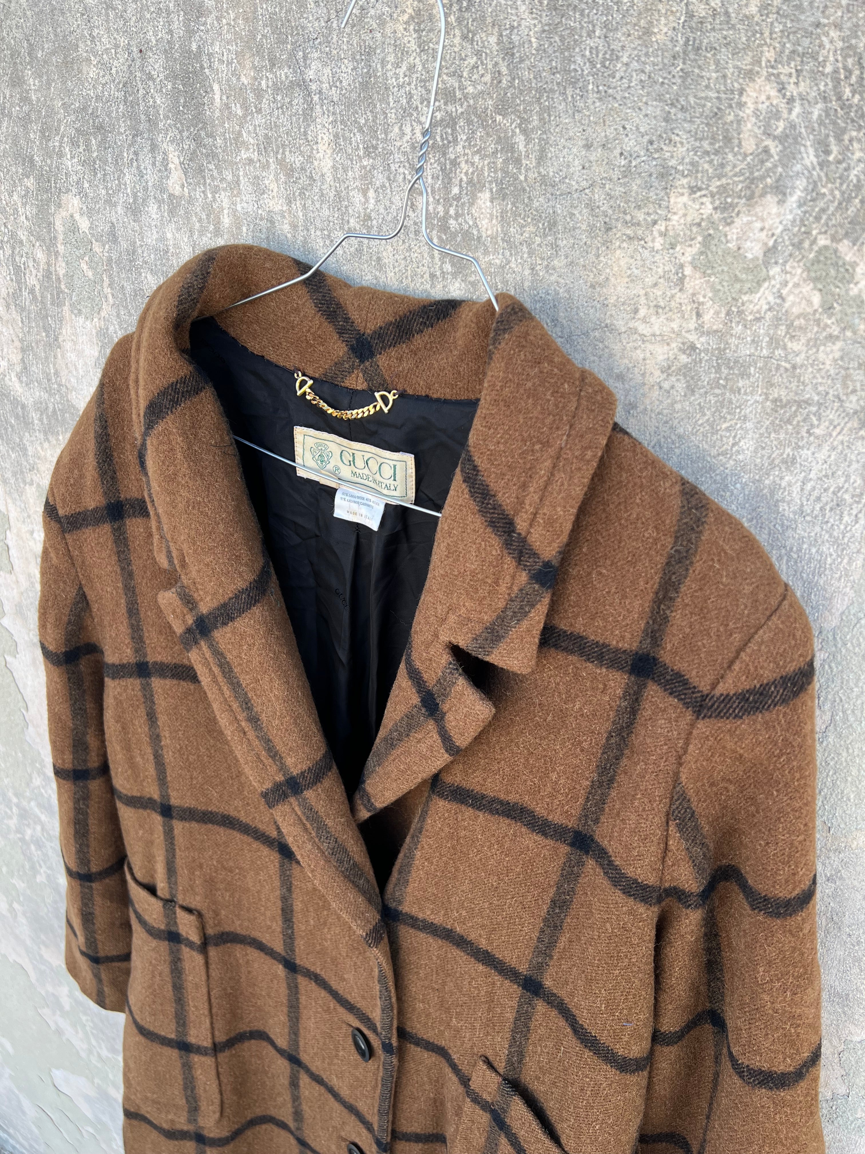 【GUCCI】1980s Check Pattern Chester Coat Gucci 80's vintage brown & black check wool/alpaca/cashmere coat