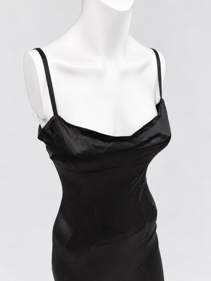 Zinas black satin asymmetric fringe dress