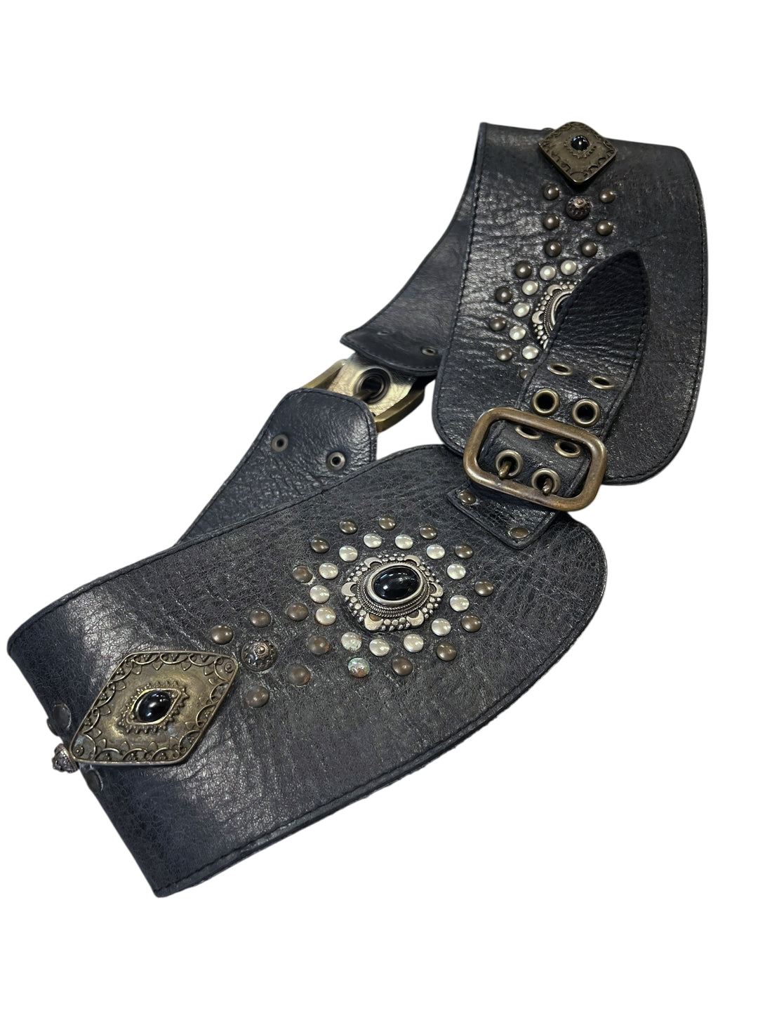 Vintage Black Leather Belt with Studs & Gemstone Details