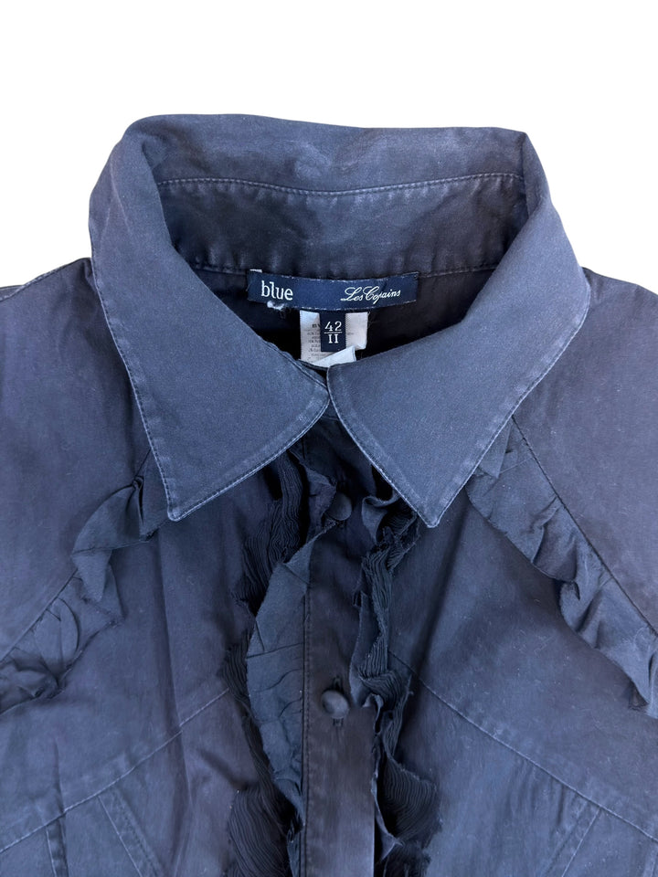 Blue Les Copains ruffle sheer sleeve shirt