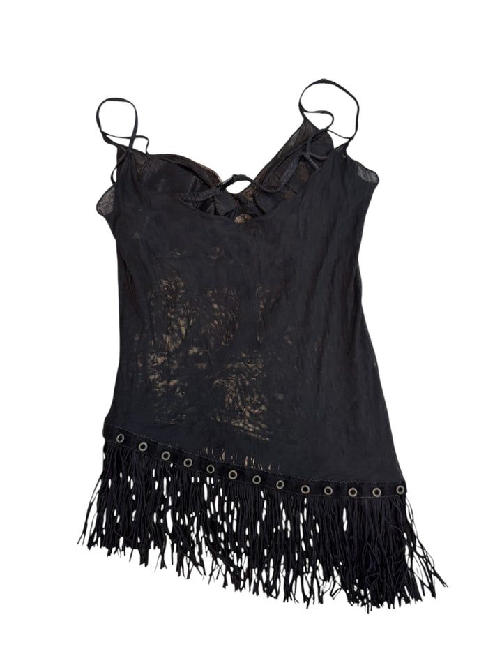 Cinema embellished cross fringe mesh top