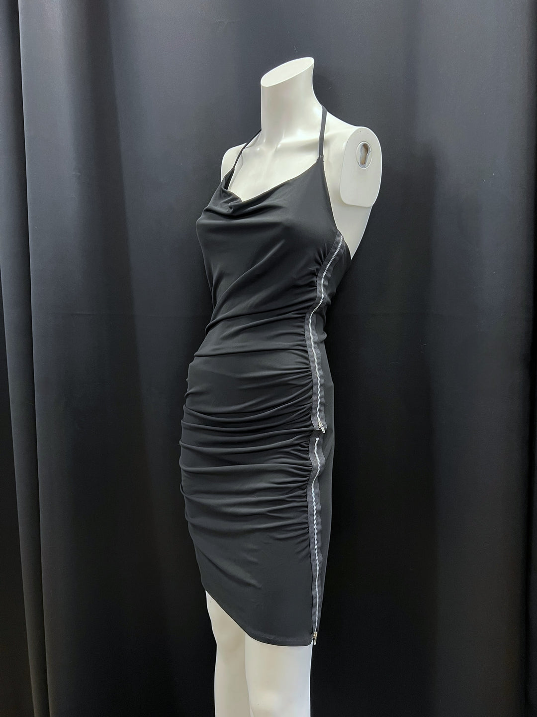 Black Halter Mini Dress with Side Zippers Medium