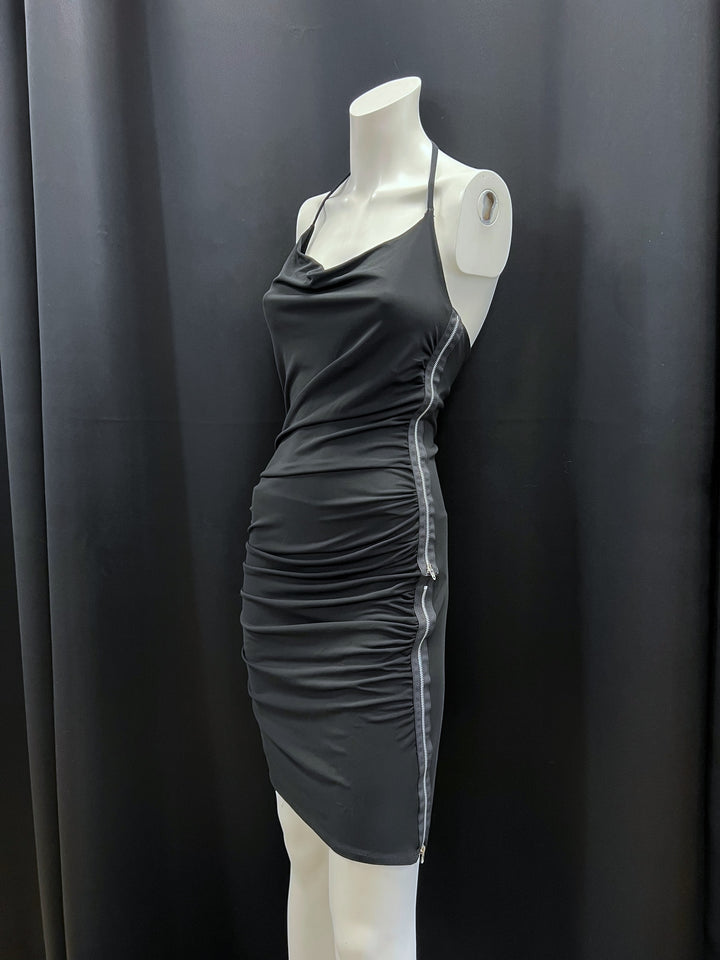 Black Halter Mini Dress with Side Zippers Medium