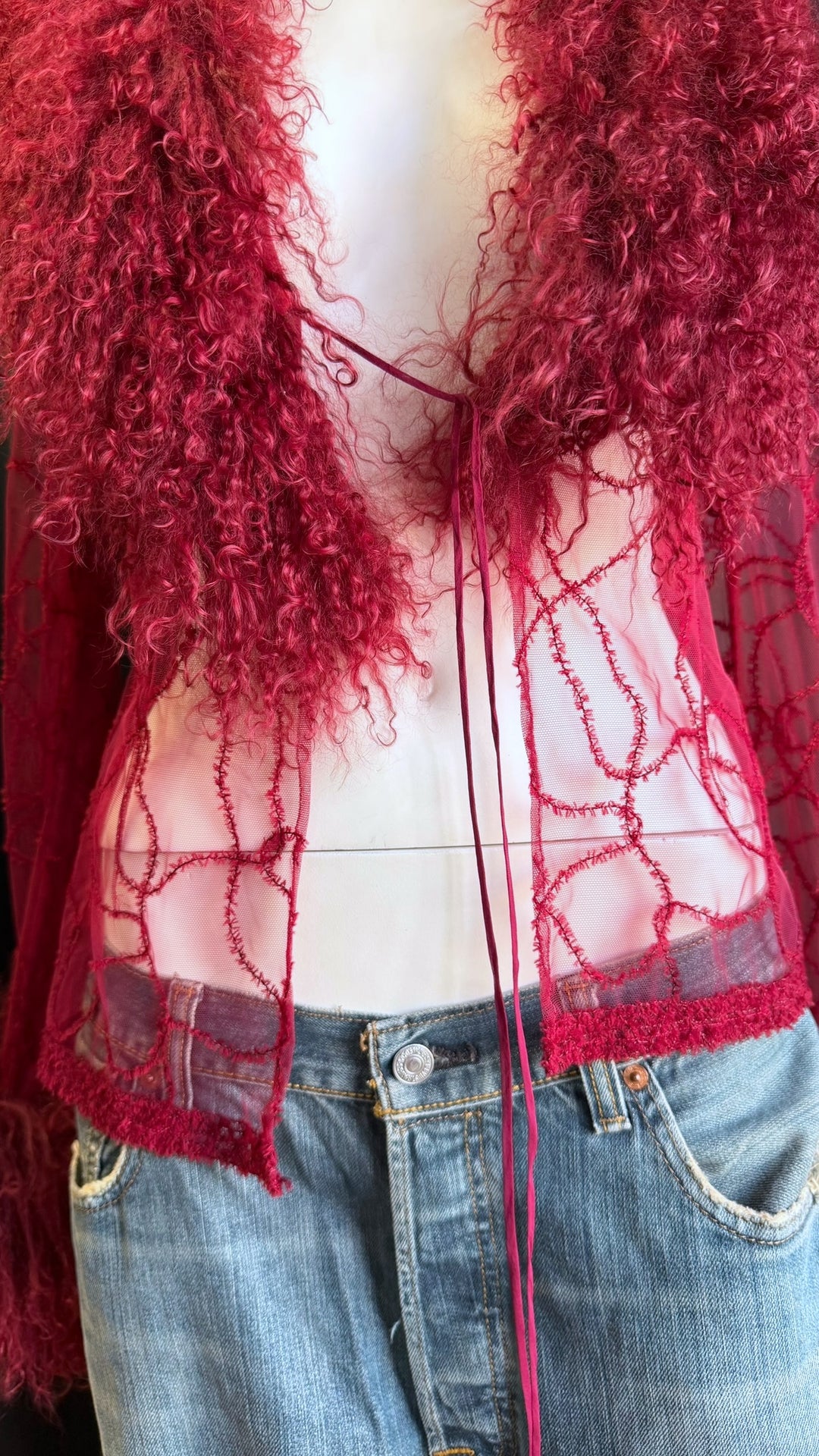 2000s sheer wool blend jacket with curly-fur collar & cuffs small