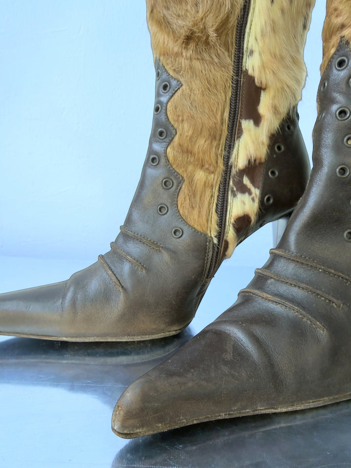 Coccinelle vintage pony hair leather knee high boots brown italian stiletto heels