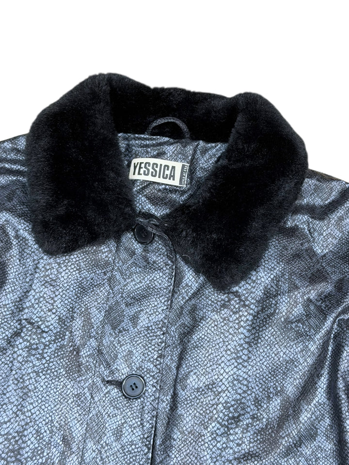 Yessica ‘Serpent Noir’ faux leather coat with fur collar women’s large