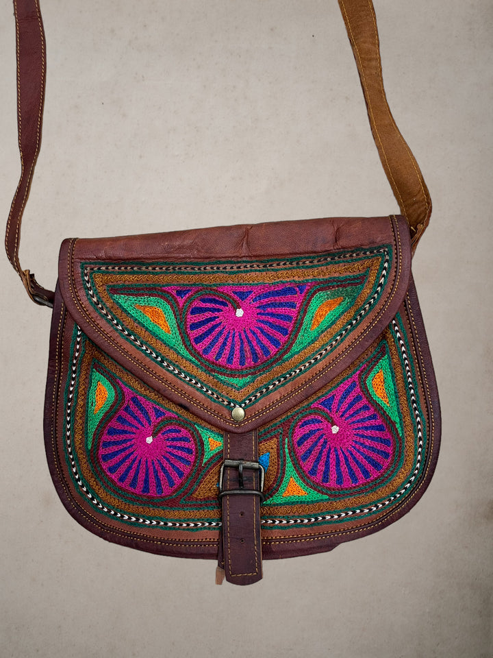 Vintage Leather Embroidered Cross Body Bag