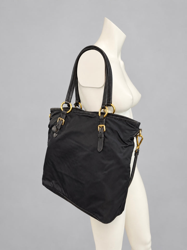 Prada black nylon & leather tote bag
