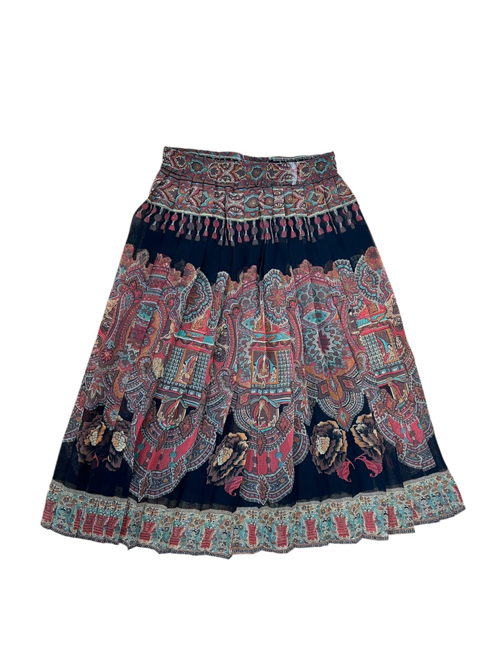 Vintage Ethnic Print Pleated Midi Skirt Medium
