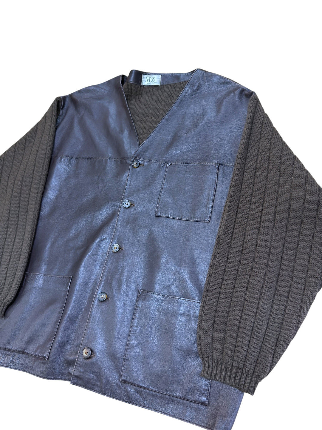 Vintage Italian leather knit cardigan jacket brown / navy – XL