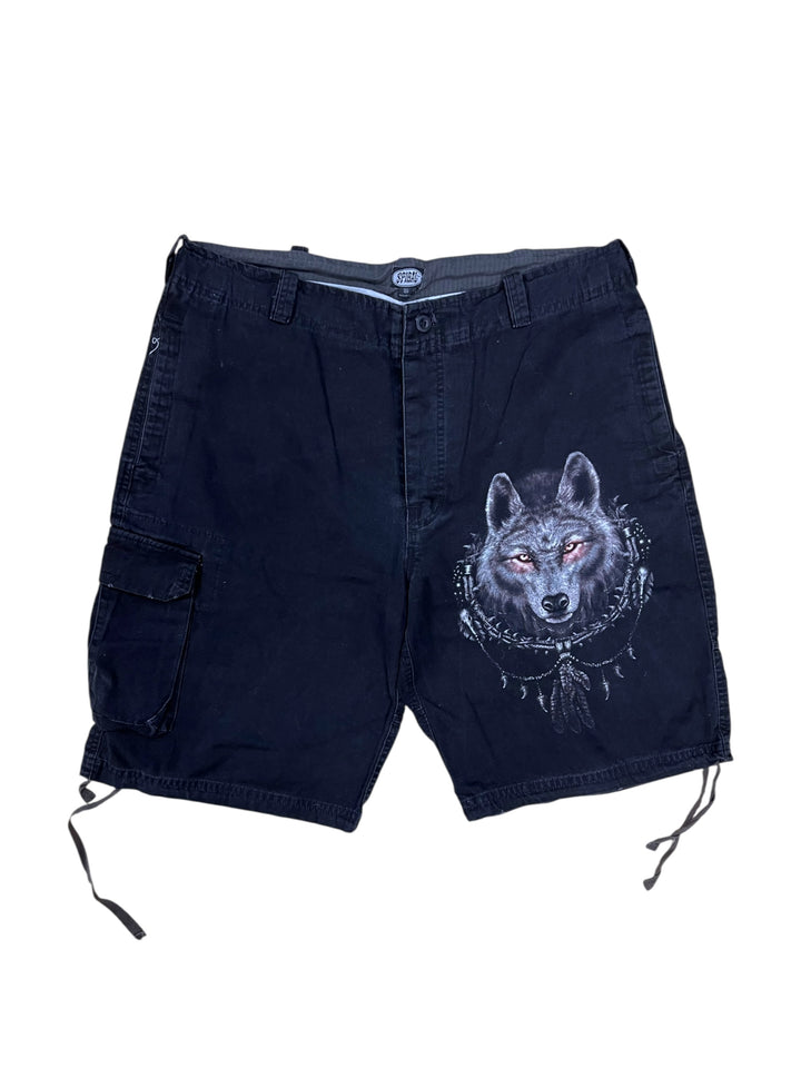 Spiral Y2K Black Cargo Shorts with Wolf Graphic Extra Large