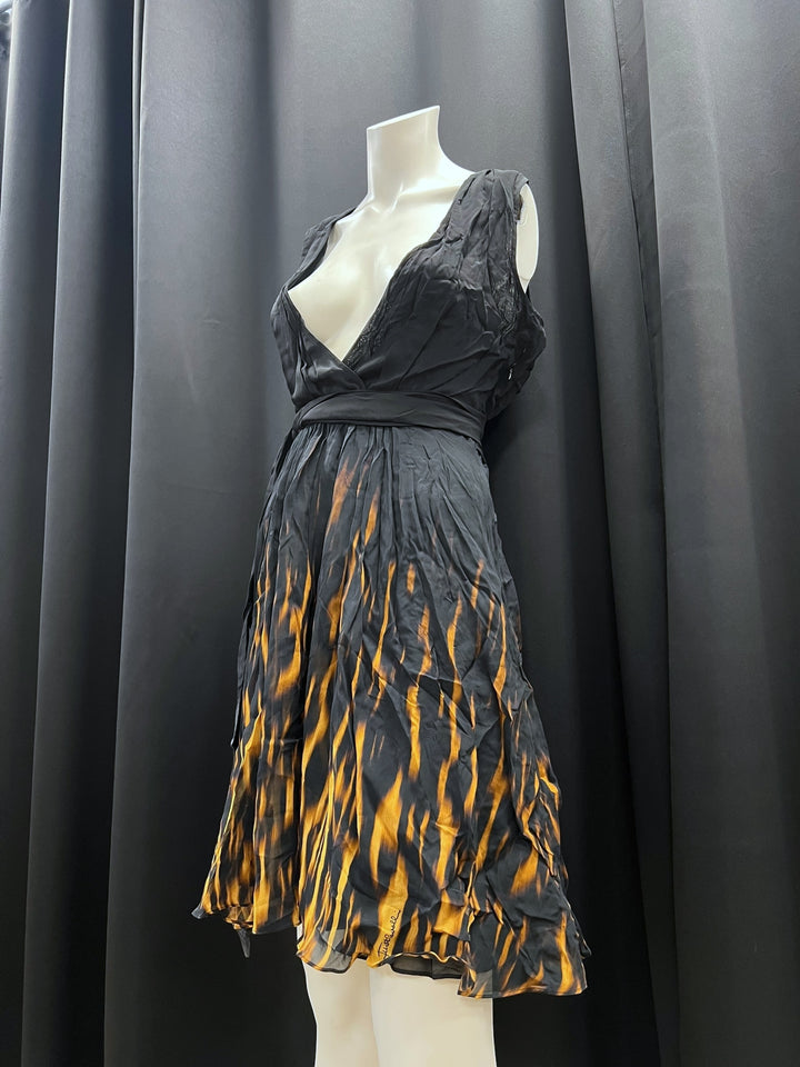 Just Cavalli Deadstock Black & Orange Flame Print Dress
