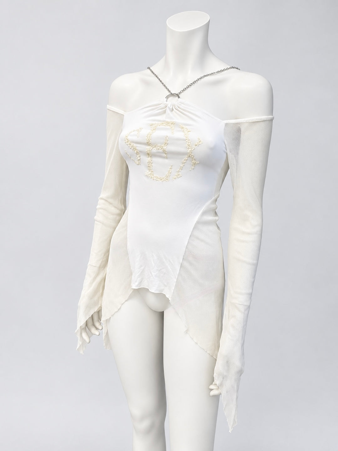 2000s chain halter mesh sleeve asymmetric top