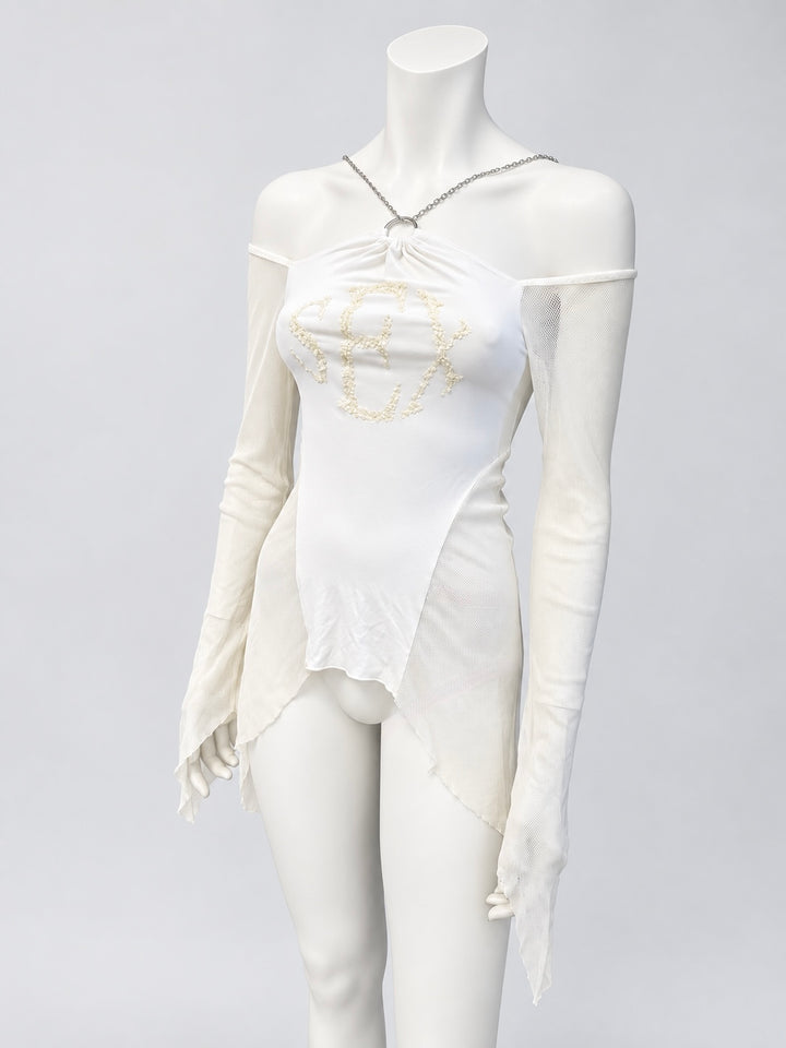 2000s chain halter mesh sleeve asymmetric top