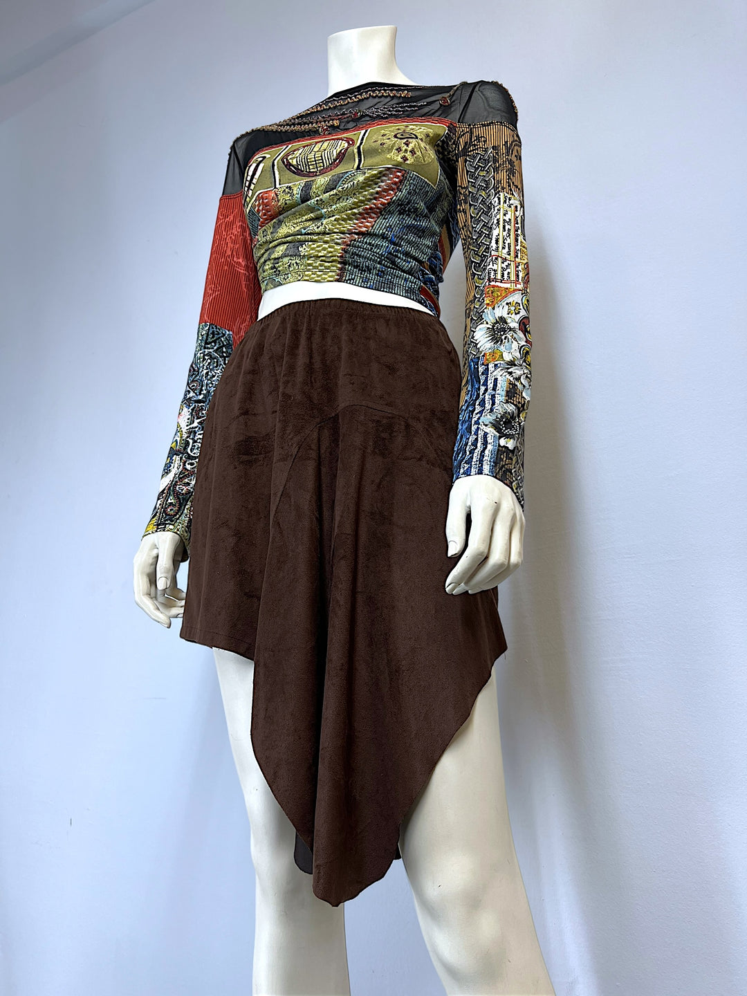 Vintage velour asymmetrical brown skirt small