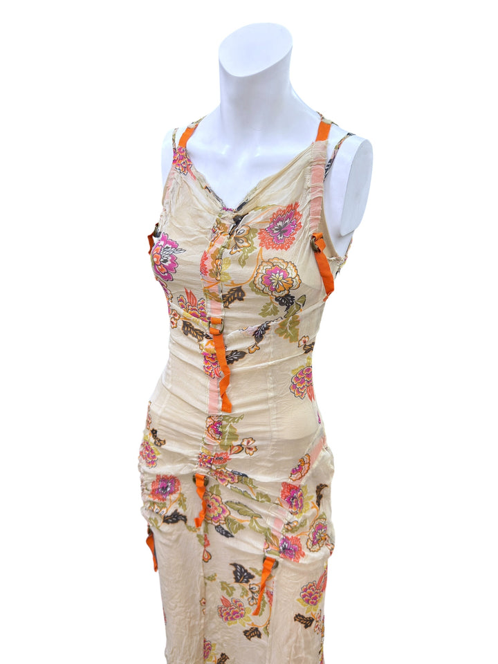 Vintage floral silk ruched midi dress