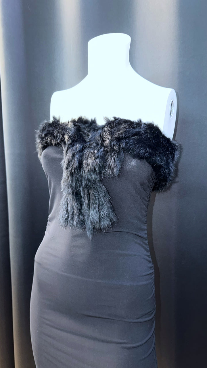 Vintage strapless evening dress with faux fur neckline & balloon hem