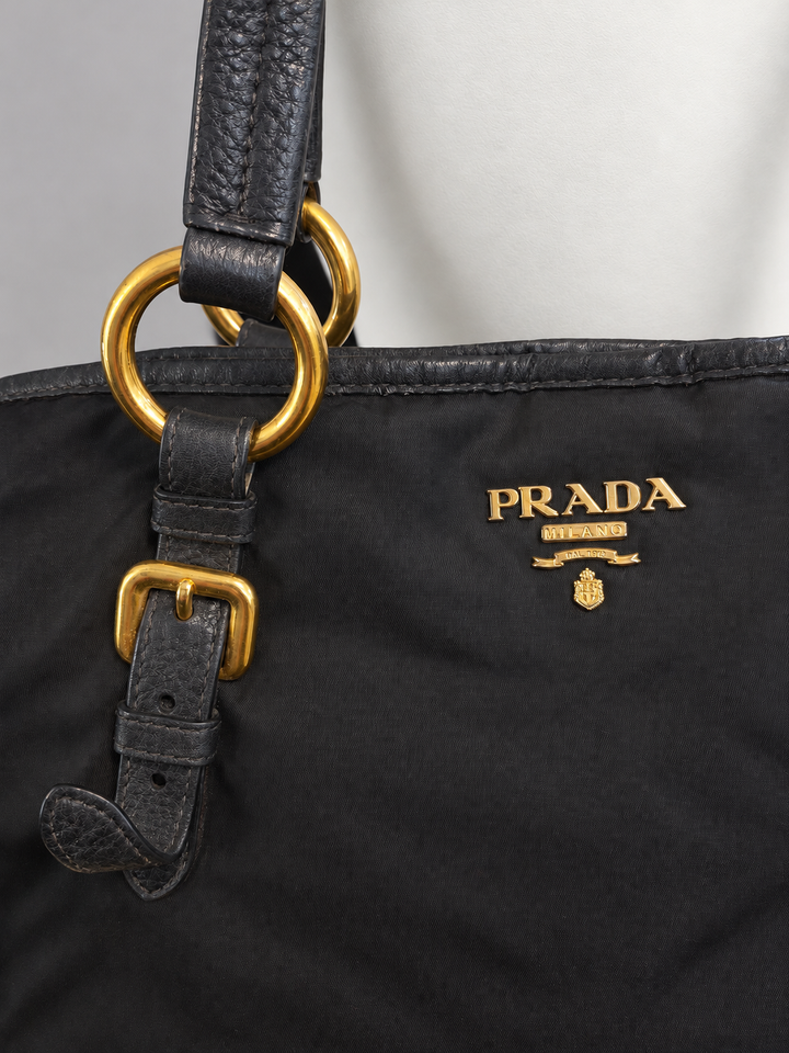 Prada black nylon & leather tote bag