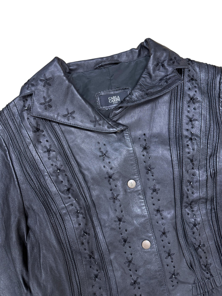 1990s Carla Carini Italy Black Embroidered Leather Jacket Medium