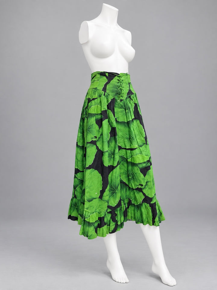 Kenzo Paris 1990s green leaf print corset maxi skirt