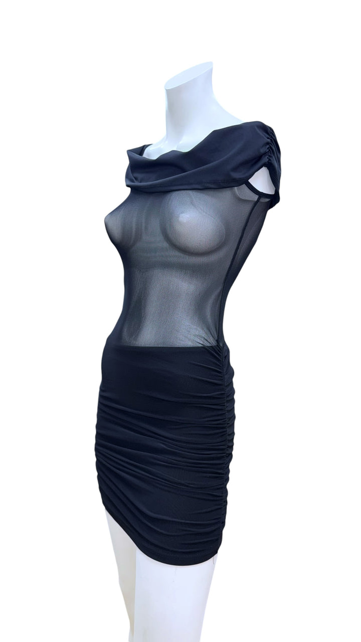 2000s black sheer mesh ruched mini dress