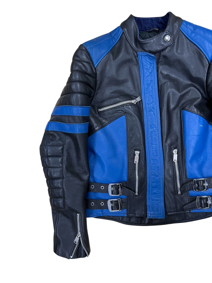 Vintage Black & Blue Leather Biker Jacket Women’s XS–S