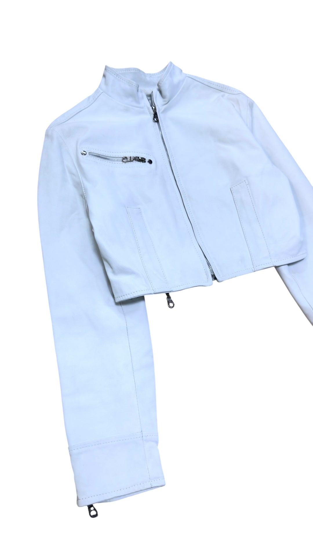 Vintage cropped leather moto jacket white