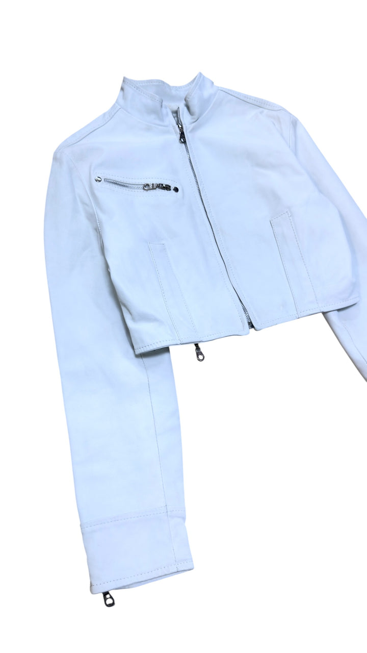 Vintage cropped leather moto jacket white