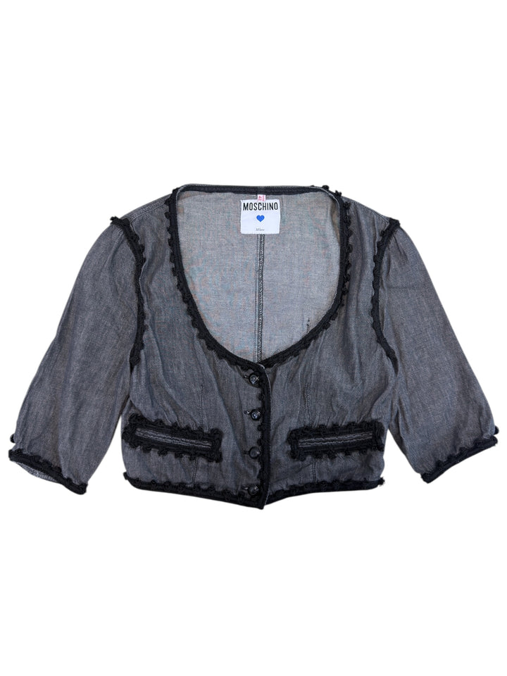 Moschino 1990s vintage cropped blouse sheer cotton black trim