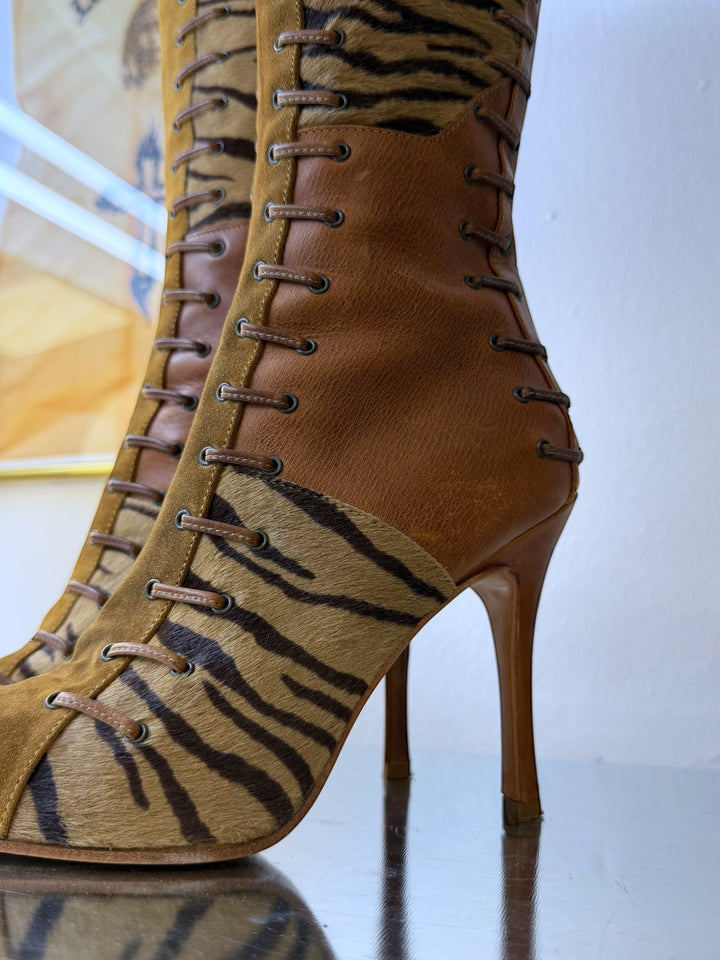 MARE 2000s lace-up leather boots with animal print panels