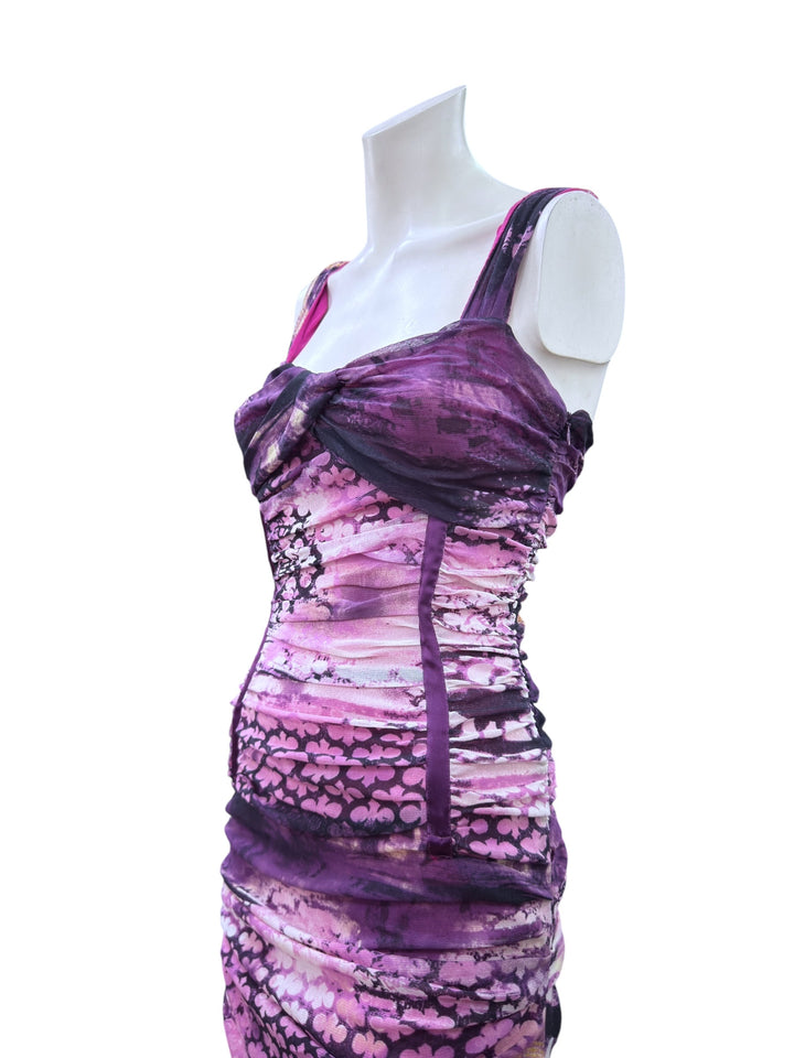 Roberta Scarpa purple ruched mesh midi dress