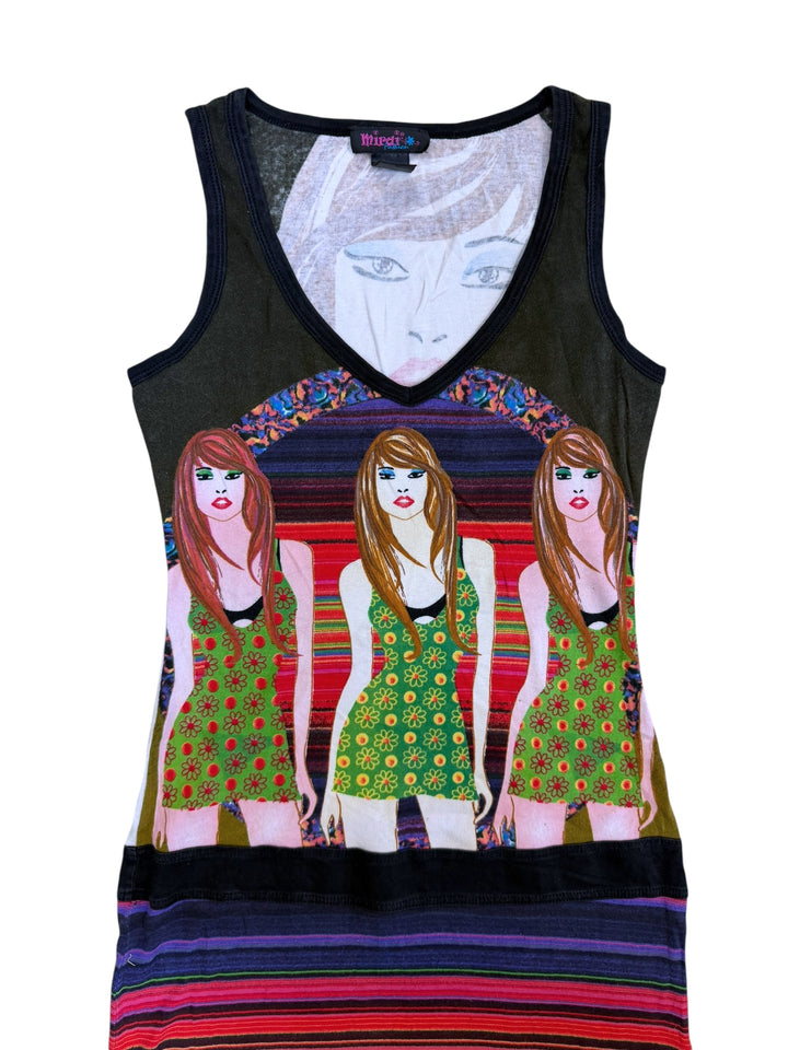 Illustrated multicolor sleeveless dress