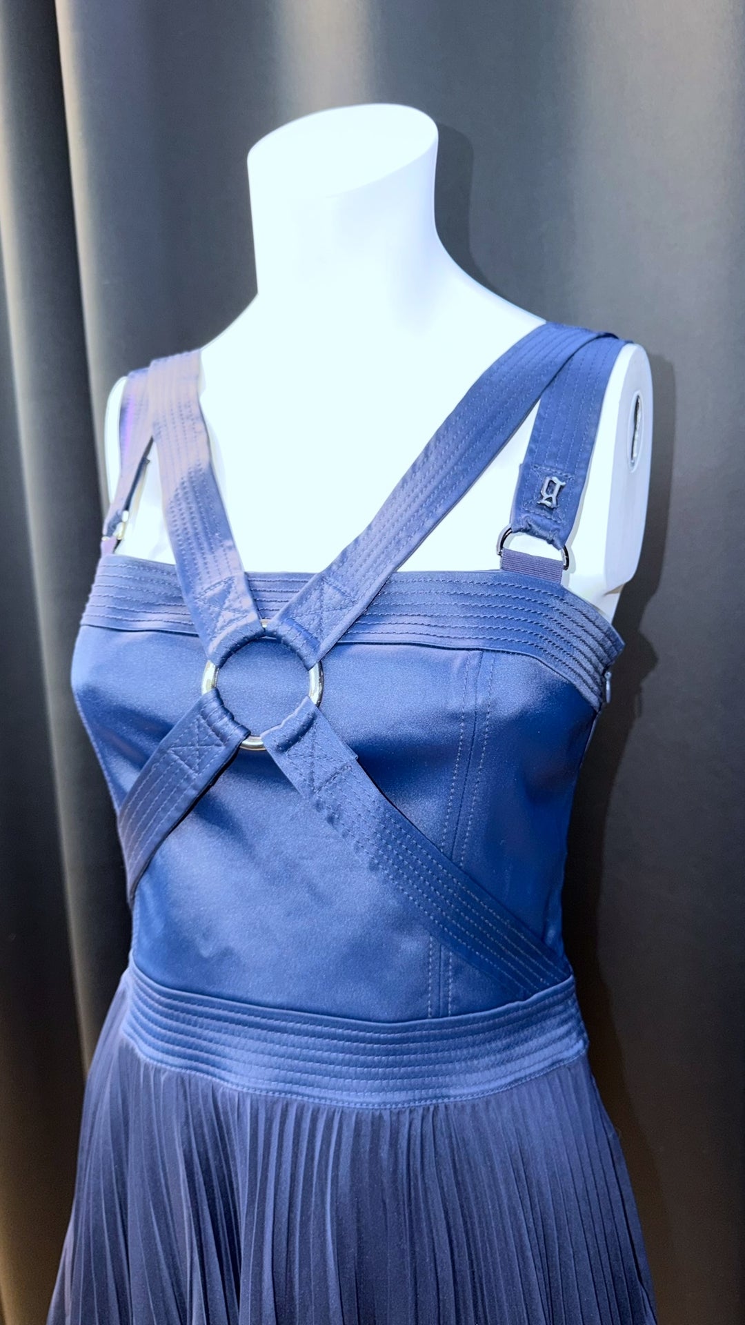 Galliano navy pleated mini dress with harness straps