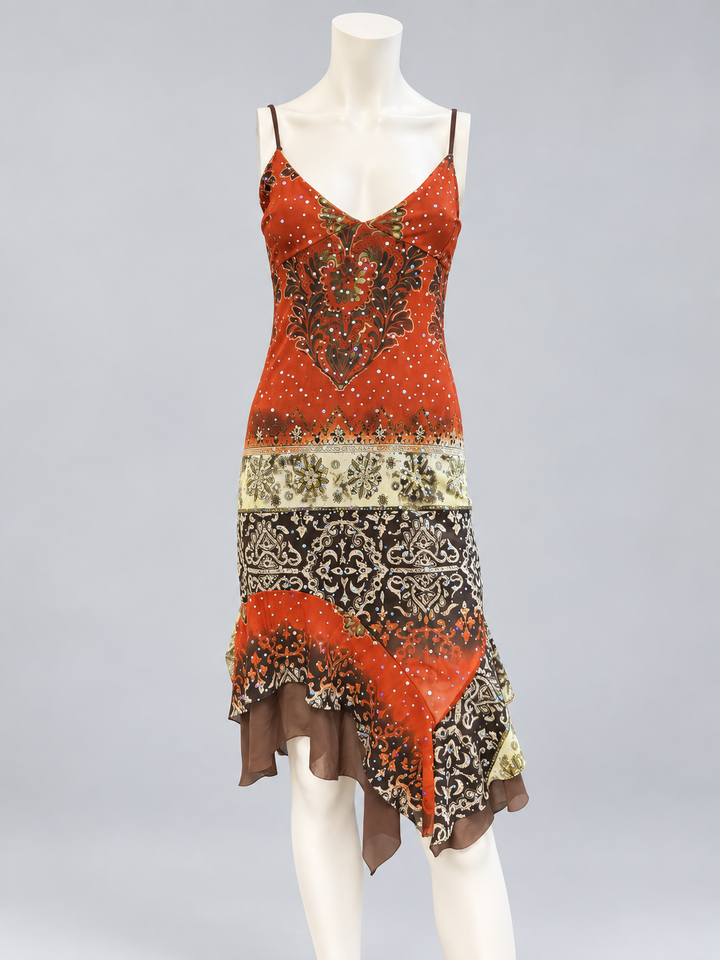 Vintage embellished printed asymmetric dress