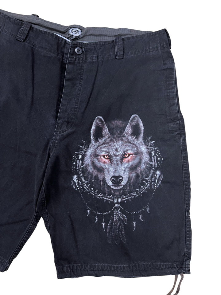 Spiral Y2K Black Cargo Shorts with Wolf Graphic Extra Large