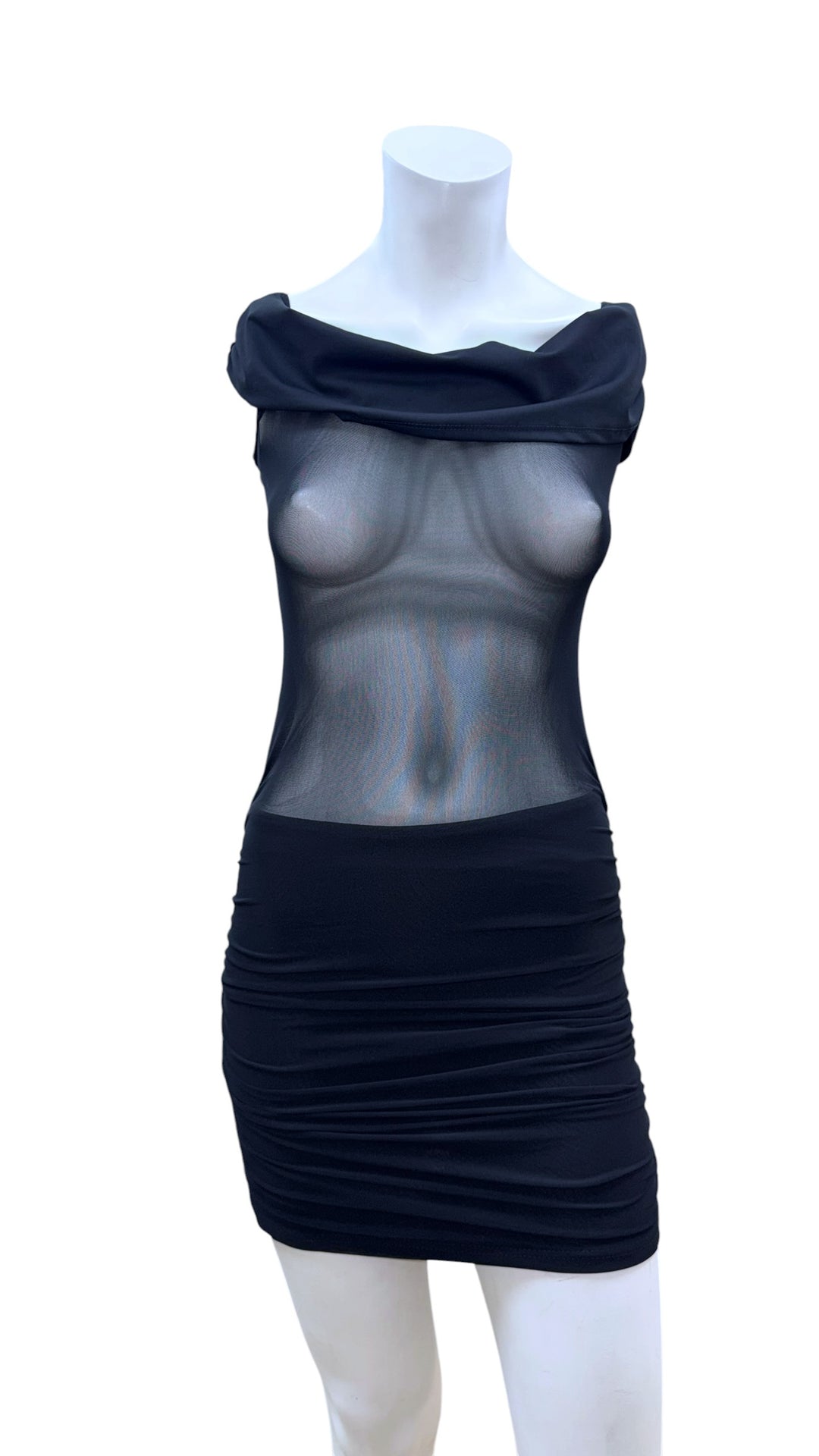 2000s black sheer mesh ruched mini dress