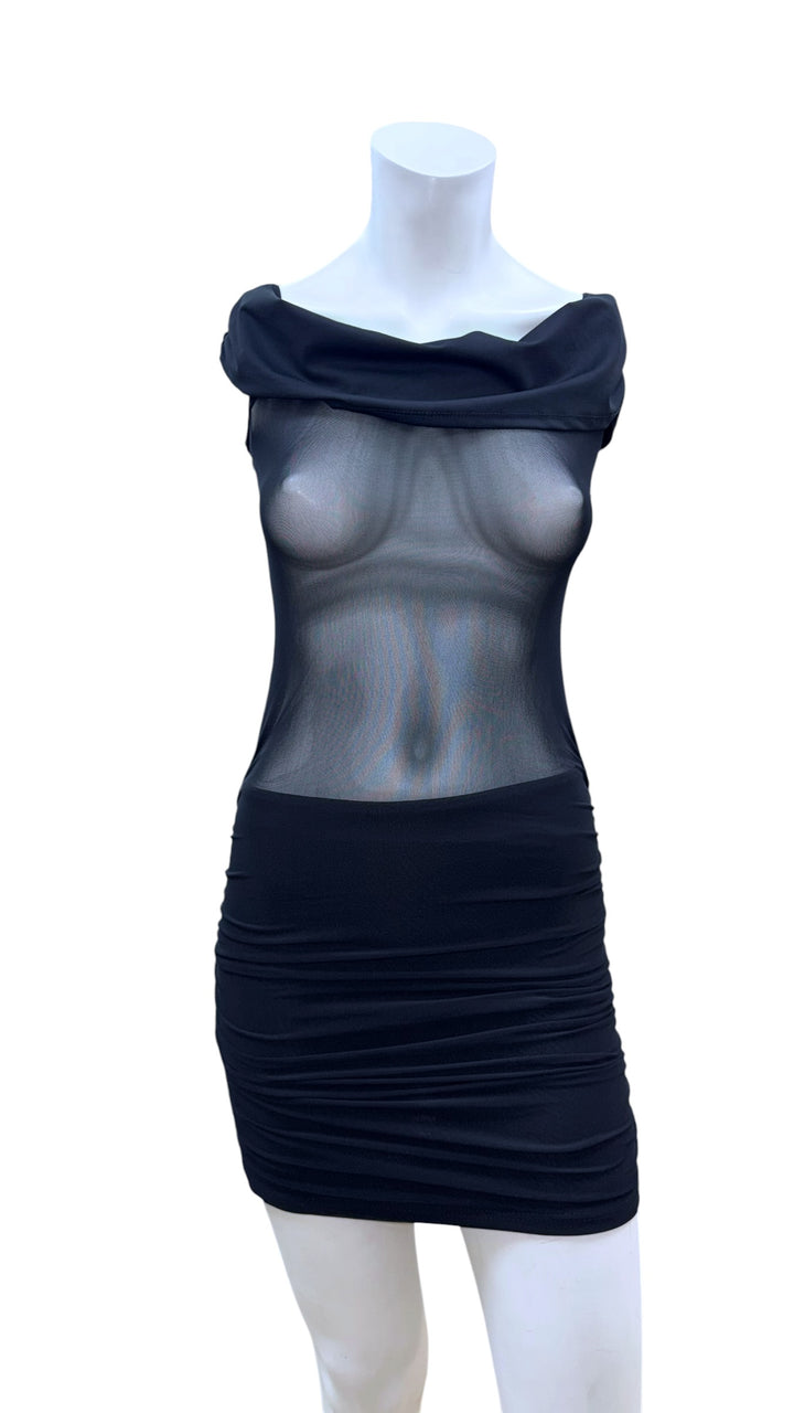 2000s black sheer mesh ruched mini dress