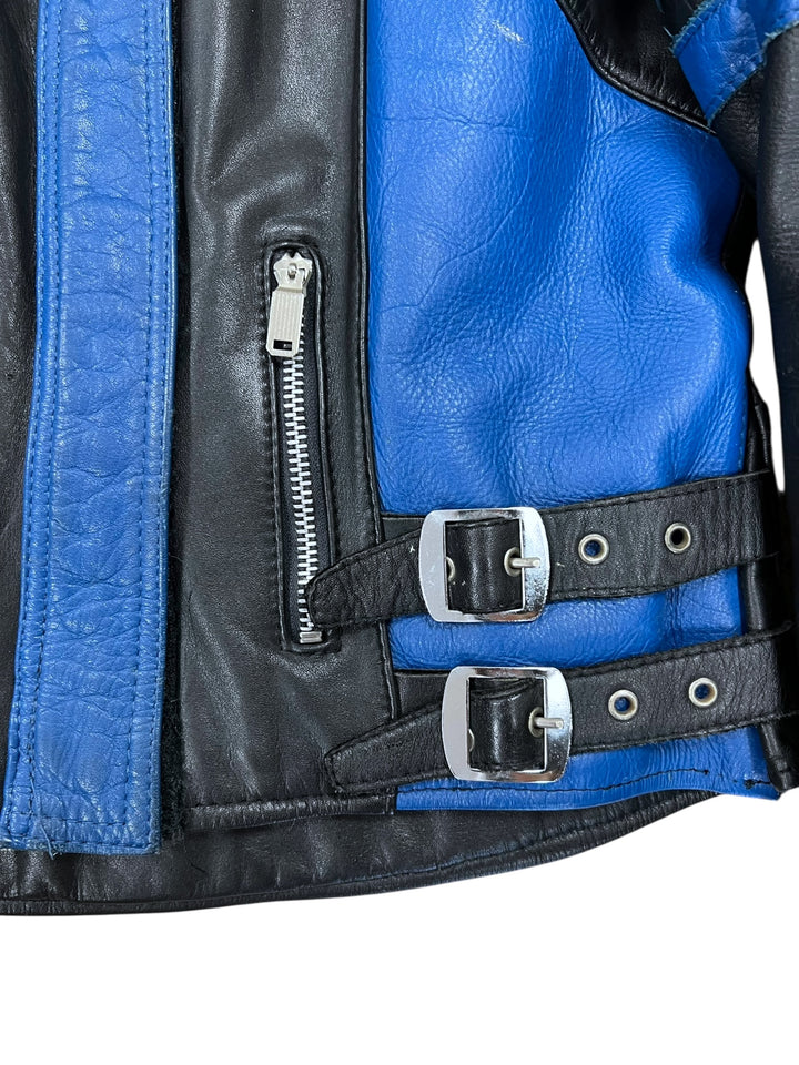 Vintage Black & Blue Leather Biker Jacket Women’s XS–S