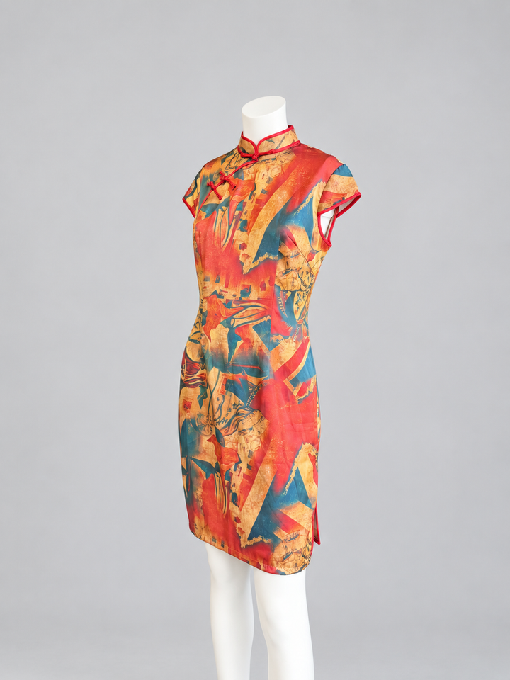 Vintage abstract-print qipao mini dress medium