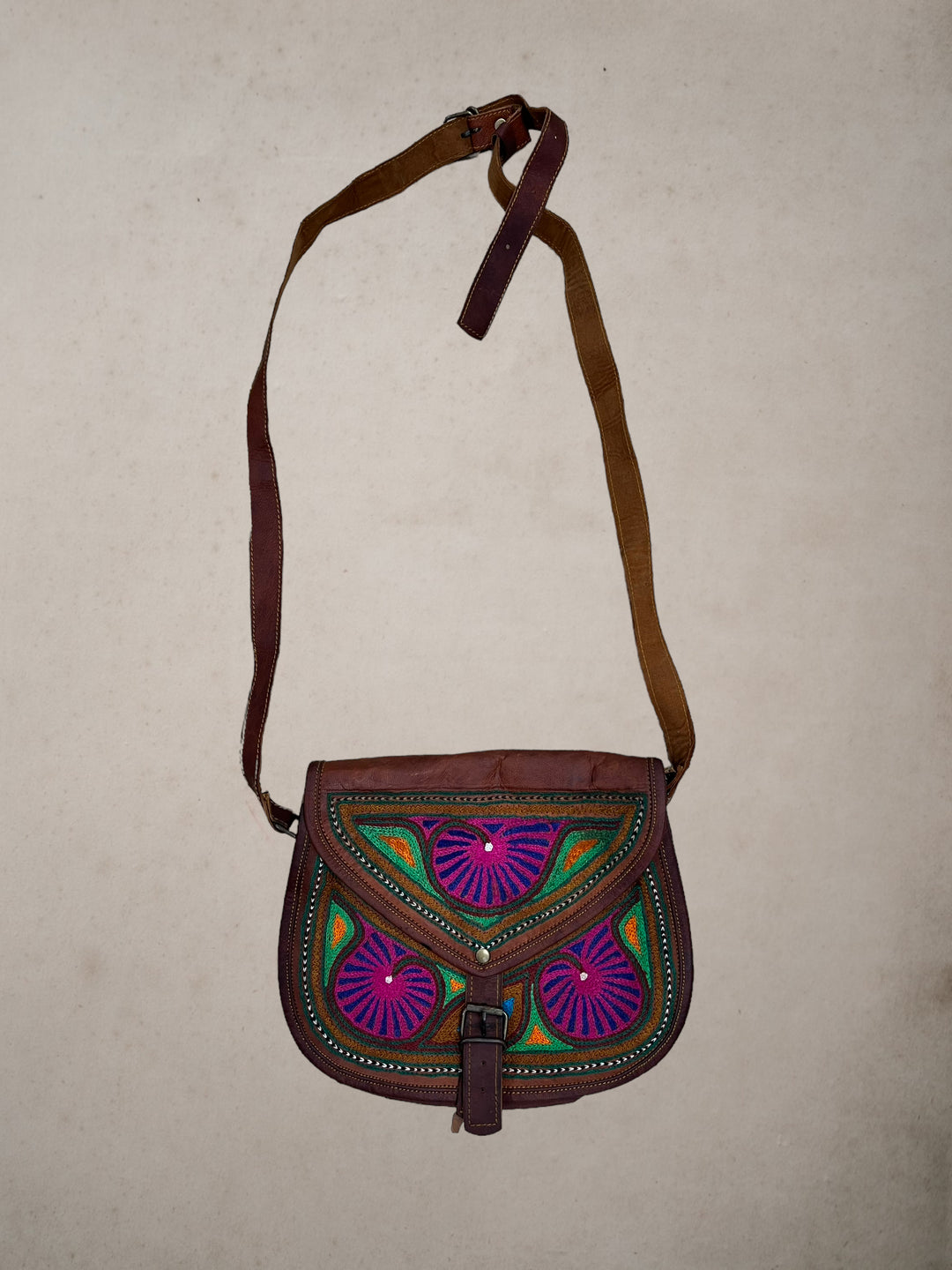 Vintage Leather Embroidered Cross Body Bag