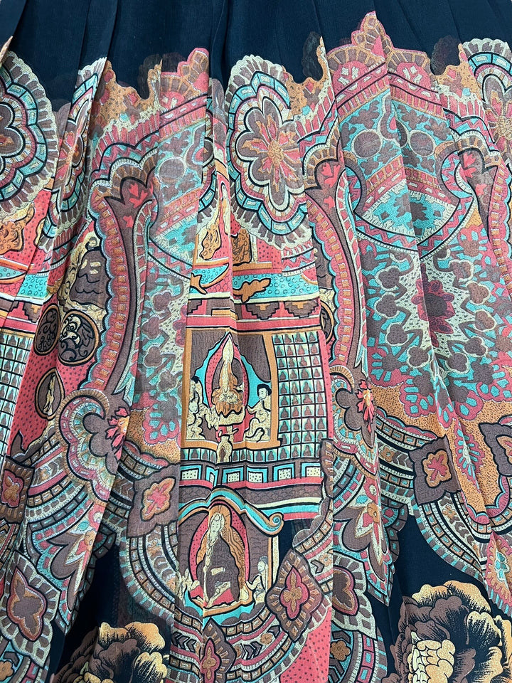 Vintage Ethnic Print Pleated Midi Skirt Medium