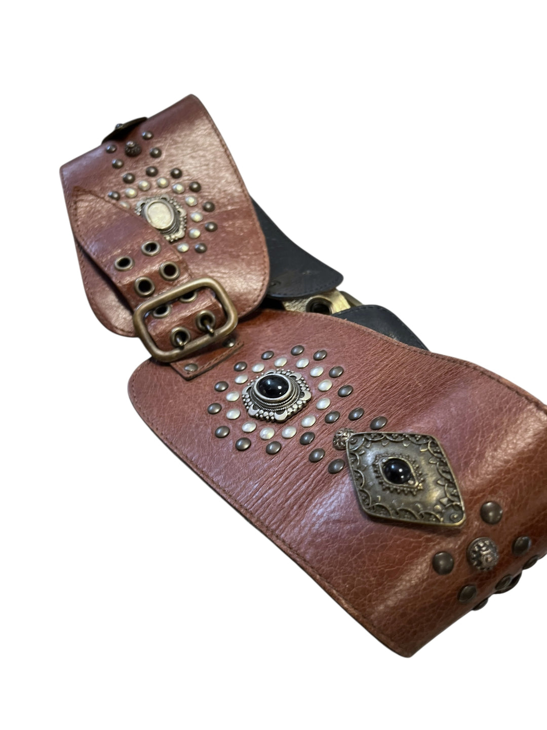 Vintage Brown Leather Belt with Studs & Gemstone Details