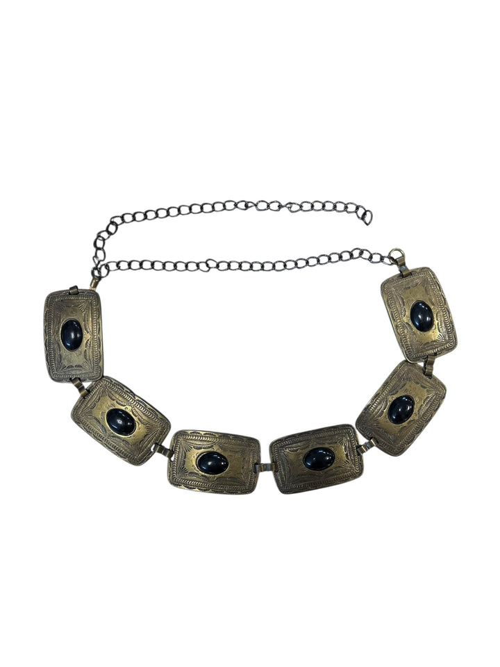 Vintage Brass Chain Belt with Black Stones